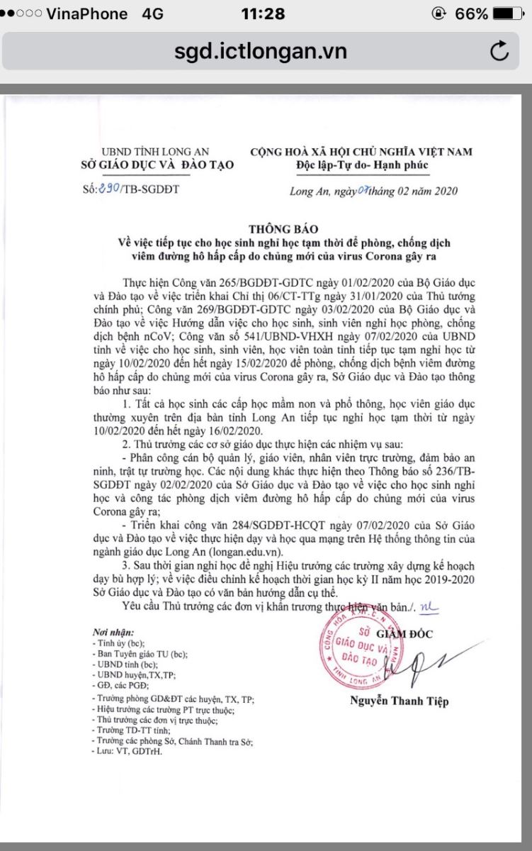 THÔNG BÁO NGHỈ HỌC TỪ NGÀY 10/02/2020 ĐẾN HẾT NGÀY 16/02/2020